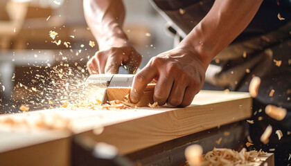 Skilled carpenter meticulously planing wood with electric tool creating dynamic wood shavings