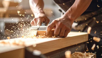 Skilled carpenter meticulously planing wood with electric tool creating dynamic wood shavings © latifah