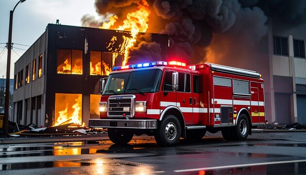 Inferno Response: A fiery blaze consumes a building as a fire engine stands ready, showcasing the intense reality of a fire emergency response.