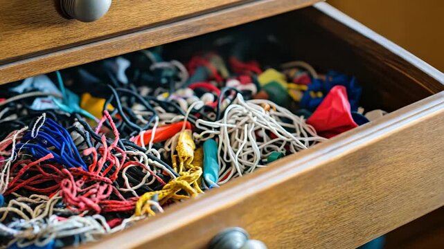 Drawer filled with tangled assortments of colorful strings and threads