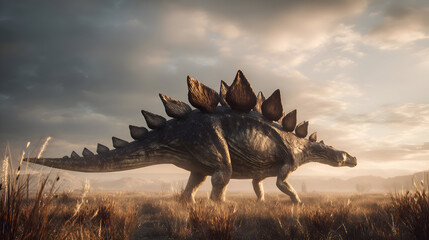 Stegosaurus roaming prehistoric landscape under dramatic sky during golden hour, perfect for educational projects and fantasy art