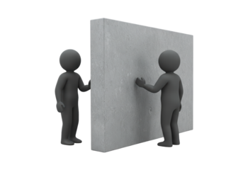 Isolated 3D rendering shows two characters on opposite sides of a gray cement wall or screen.