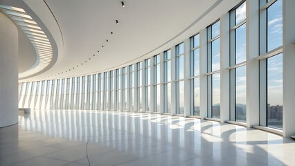 Naklejka premium Curved glass wall interior with city view and natural light reflections – Modern architecture, minimalist design, spacious, serene, shadows, sleek