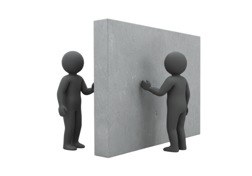 Isolated 3D rendering shows two characters on opposite sides of a gray cement wall or screen.