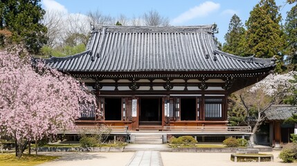 Fototapeta premium Traditional Japanese temple, serene exterior, with cherry blossoms
