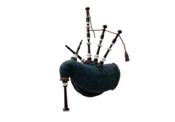 Isolated Scottish bagpipes, a traditional musical instrument, with a tartan bag and wooden pipes