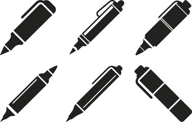 Black silhouette marker pen icons, stationery tool illustrations, writing and drawing equipment symbols, isolated design elements for office, school, education use.