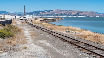 Fototapeta premium Railroad tracks by a bay, industrial buildings in the background