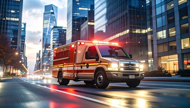 Ambulance on City Street: An ambulance speeds down a city street with flashing lights. Reflecting the city's energy, The image conveys emergency response and the urgency of medical care.