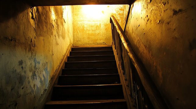 Dimly lit wooden staircase descending into a sunlit interior of a weathered building