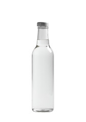 A solitary, tall clear glass bottle with a pure translucent liquid and a white screw cap, set against a seamless minimalist white background with subtle bokeh, representing essential wellness concept
