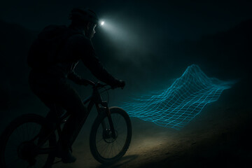 Mountain Biker Riding at Night with Holographic Terrain Grid