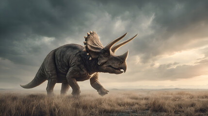 Fototapeta premium Majestic Triceratops dinosaur roaming prehistoric landscape under dramatic sky, perfect for educational content and creative projects