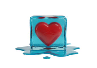 Isolated red heart frozen in blue ice cube melting on surface romantic love passion