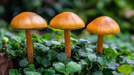 Three small, orange-brown mushrooms stand in a bed of green foliage
