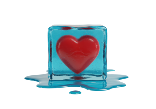 Isolated red heart frozen in blue ice cube melting on surface romantic love passion