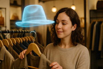 Woman Shopping for a Hat with Holographic Projection