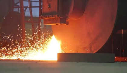 Fiery sparks erupt as a large circular saw cuts through metal in a dimly lit industrial setting