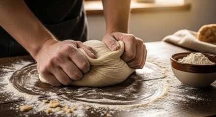 Fototapeta premium Hands kneading dough on a wooden surface with flour