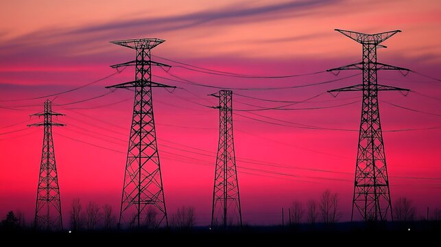 Silhouetted power lines against a vibrant sunset - Powered by Adobe