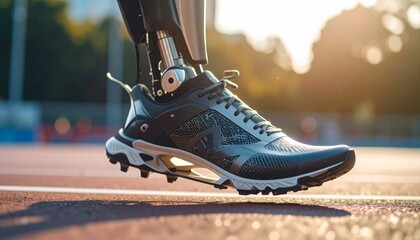 Adaptive Runner: This image captures the resilience of a runner with a prosthetic leg, poised on a track, with a determination that shines brightly against a vibrant dawn.