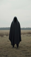 Hooded silhouette looming in barren landscape, deep shadows concealing identity, generating palpable tension and enigmatic atmosphere against stark background