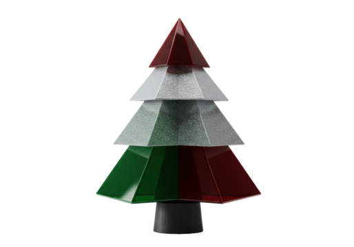 Isolated geometric Christmas tree decoration with layers of red, green, and silver colors