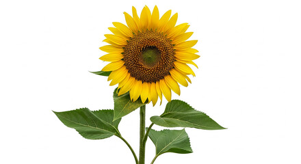 Obraz premium Single Yellow Sunflower with Green Leaves on White Background