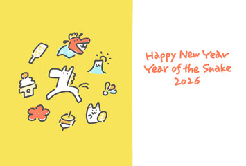 白馬と正月の縁起物の手描きのかわいい和風年賀状　2026・黄色