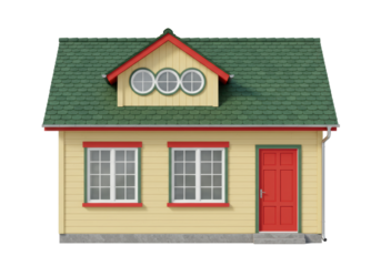 Isolated Charming House Exterior, Red Door, Green Roof, Yellow Siding, Windows, Dormer Windows