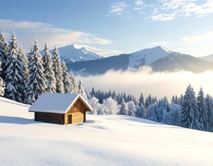 Snowy mountain landscape with a small wooden cabin nestled in a snow-covered field