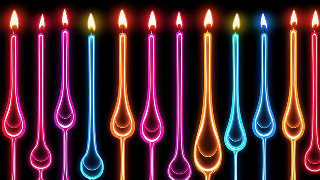 A row of colorful candles with a black background. The candles are lit and are arranged in a line