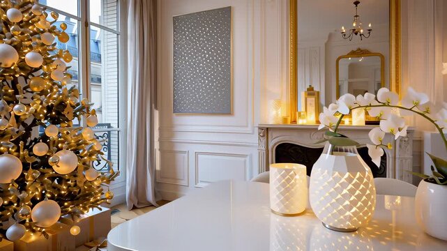 A white dining room with a large white table and four white chairs. A Christmas tree is in the room, and there are several vases and candles on the table. The room has a warm and cozy atmosphere