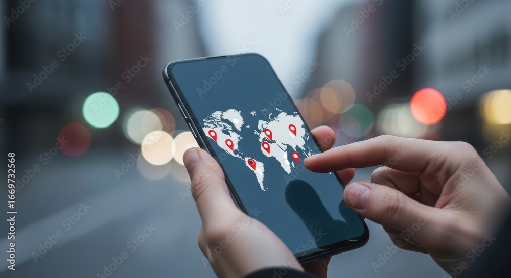 Wall mural using a mobile phone to check global locations on a map