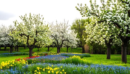 Obraz premium Blossoming orchard with vibrant wildflowers, creating a picturesque spring landscape under a bright sky