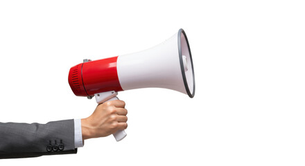 Professional adult hand holding vibrant red and white megaphone against transparent studio background, conveying clear and impactful communication concept.