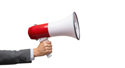 Professional adult hand holding vibrant red and white megaphone against transparent studio background, conveying clear and impactful communication concept.