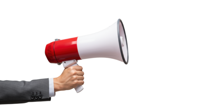 Professional adult hand holding vibrant red and white megaphone against transparent studio background, conveying clear and impactful communication concept.