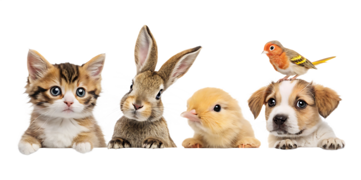 Cute kitten rabbit hamster and puppy with a bird on its head bunny isolated on a transparent background