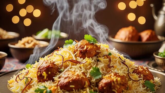Steaming indian chicken biryani hot aromatic rice meal