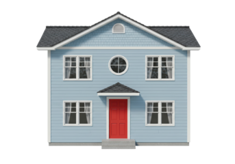 Isolated two-story modern house with a red door, architectural rendering, nobody present