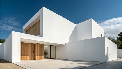 Layered Minimalism – White Geometric House with Wooden Entrance and Cloud-Kissed Sky, Architecture, Contemporary Design, Luxury Real Estate, Editorial, Conceptual, Clean Lines