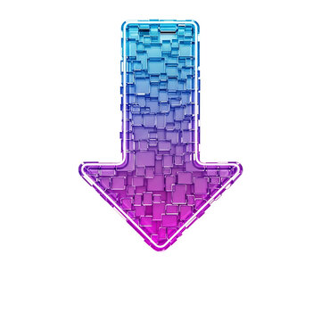 Modern neon down arrow icon symbolizing direction or decrease with vibrant blue and pink gradients isolated on transparent background