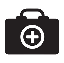 Black and white vector illustration of first aid kit with prominent white cross symbol