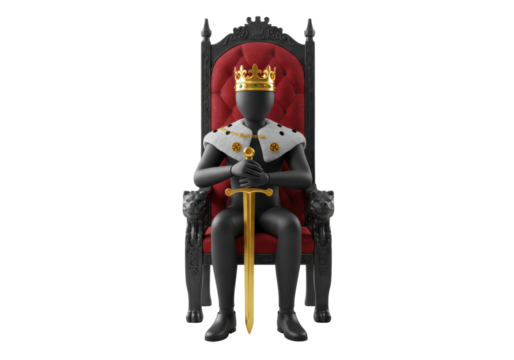 Isolated king with sword in royal chair holds a golden sword, a regal figure in majesty