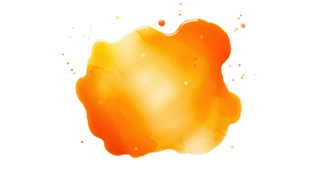 Ultra-realistic warm orange and yellow abstract watercolor splash with clear contours and organic textures, isolated on a transparent background with soft, even studio light. Concept of vibrant energy