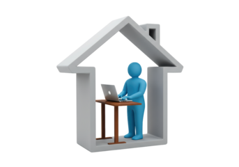 Isolated creative 3D render of a person working from home with a laptop in a house shape
