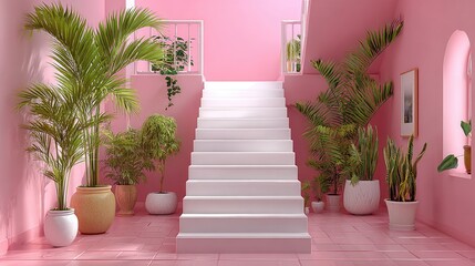 Pink interior with white stairs and tropical plants
