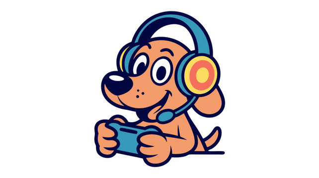 Cartoon dog gamer with headset and controller playing video game