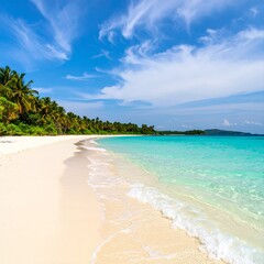 Fototapeta premium Tropical beach with white sand, calm sea and clear sky for tourism and copy space